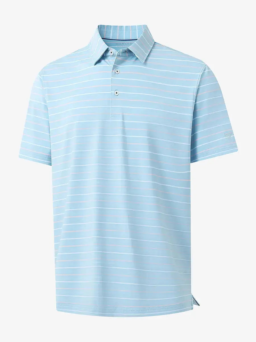 3D display of MISTY BLUE STRIPE Kids Stylish Stripe Polo Shirt showing stripes and design.