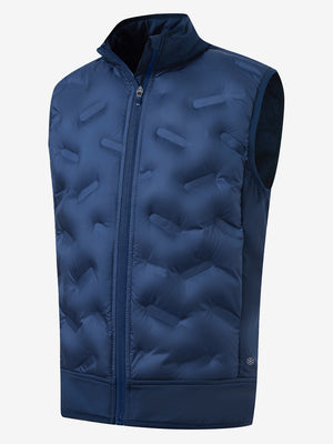 Boys full-zip fleece-lined puffer vest in dark blue, front 3D view highlighting clean structure and fabric