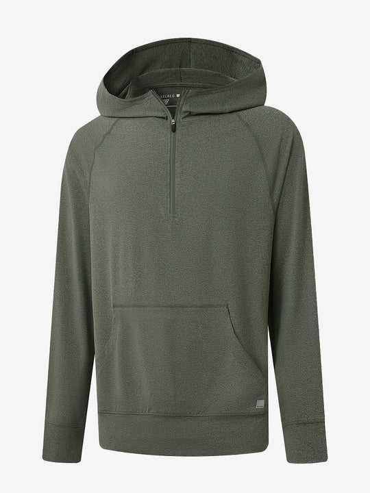 3D front view of the Quarter Zip Hoodie with Kangaroo Pocket in Olive Green Heather, athletic casual style.