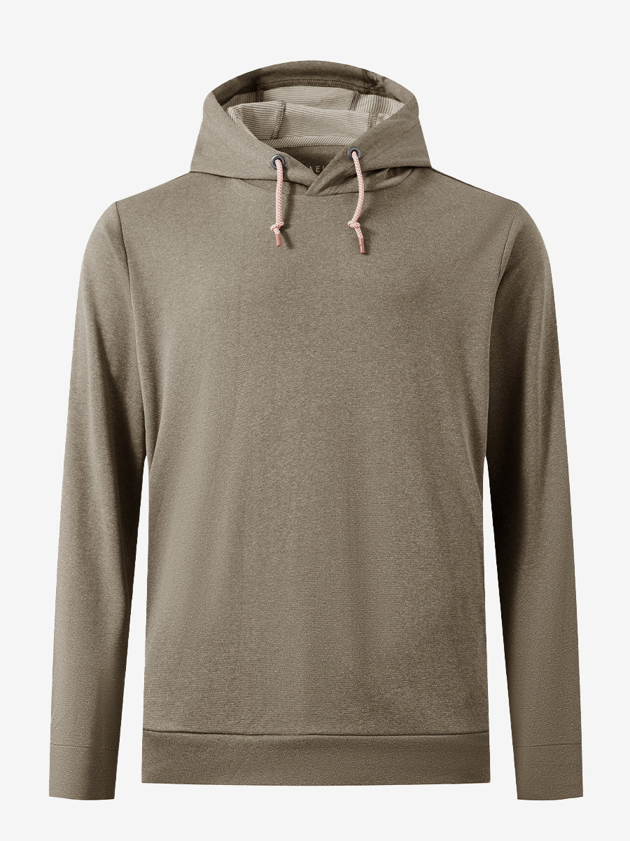 3D front view of the classic heather pullover hoodie in brown melange, simple and relaxed athletic fit.