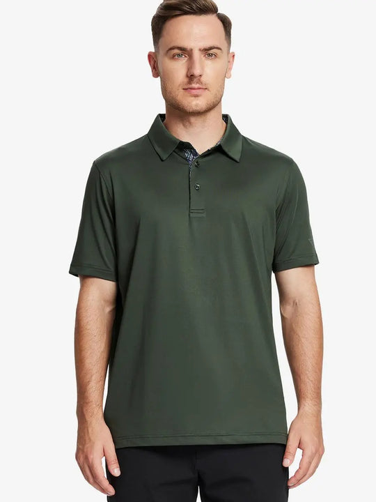 Front half-body view of male model in the Olive Green Everyday Classic Solid Polo, standing still