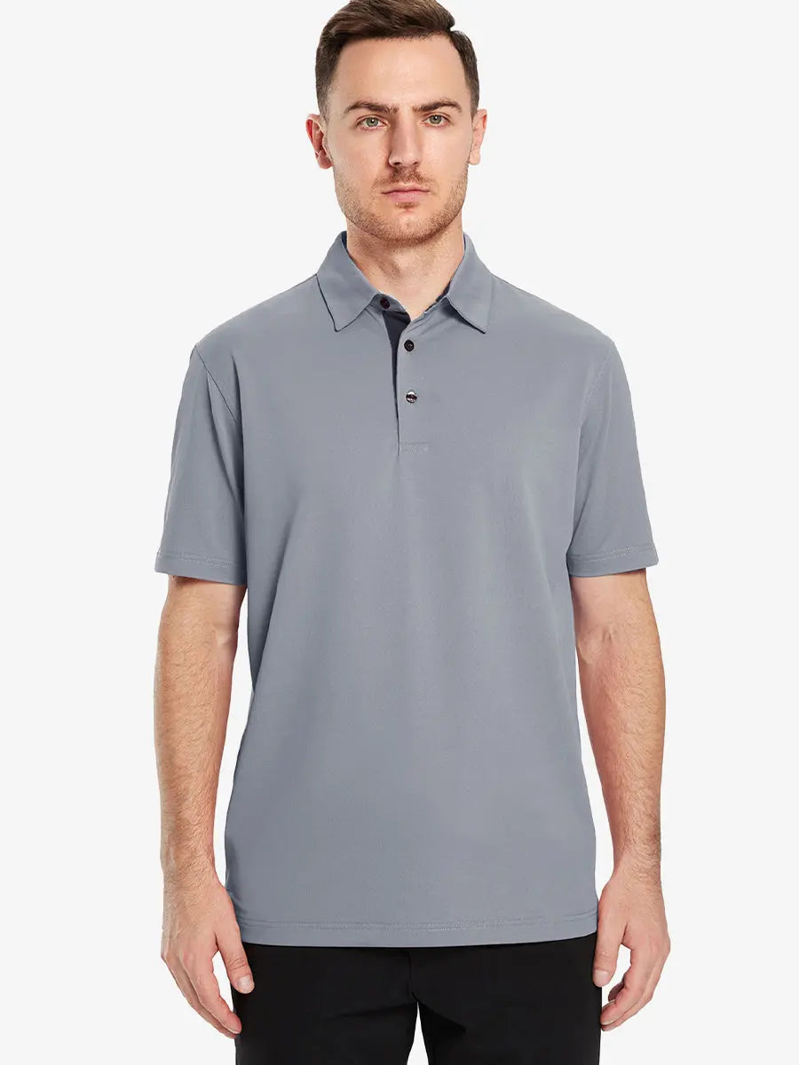Half-body front pose with golf club in LIGHT GREY Ventilated Pique Performance Polo