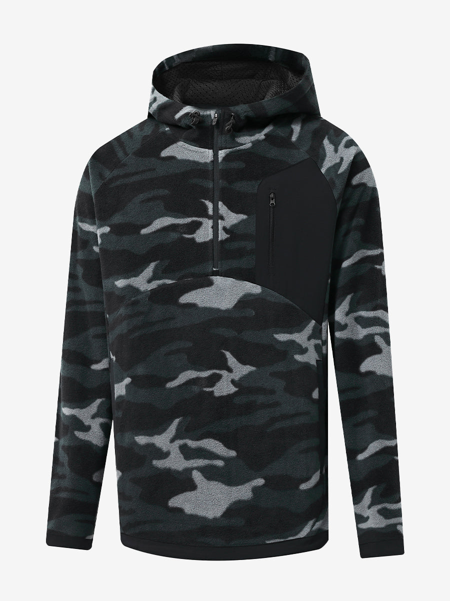 3D front view of the Quarter Zip Polar Fleece Sweatshirt in Black Camo, simple and athletic look.