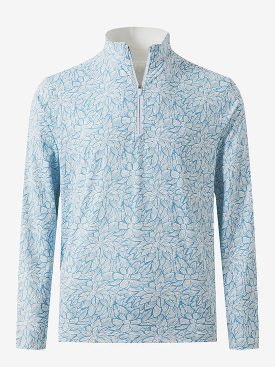 3D front view of the full print quarter zip pullover in blue artichoke, showcasing bold and modern style.