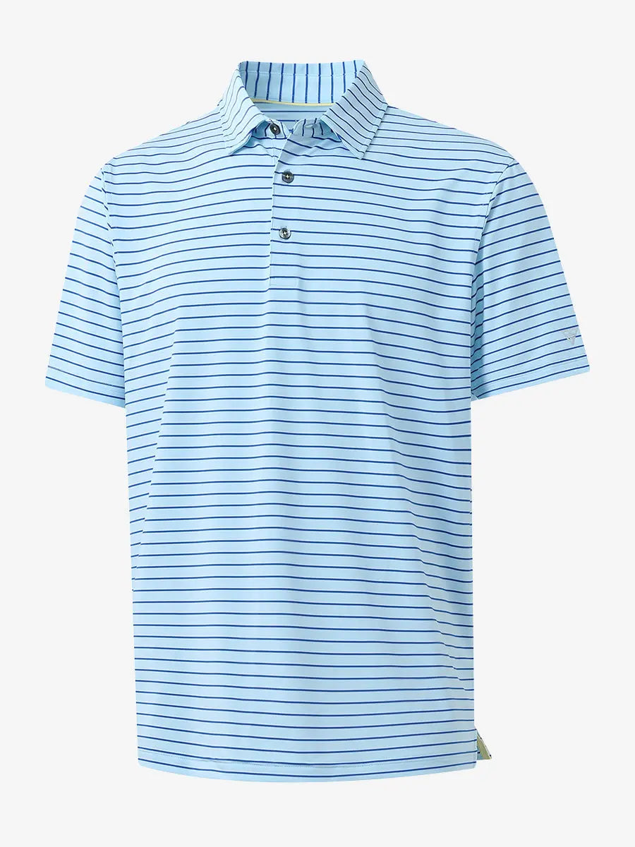 3D product view of LIGHT BLUE/COBALT STRIPE Youth Performance Golf Polo showing design and fit.