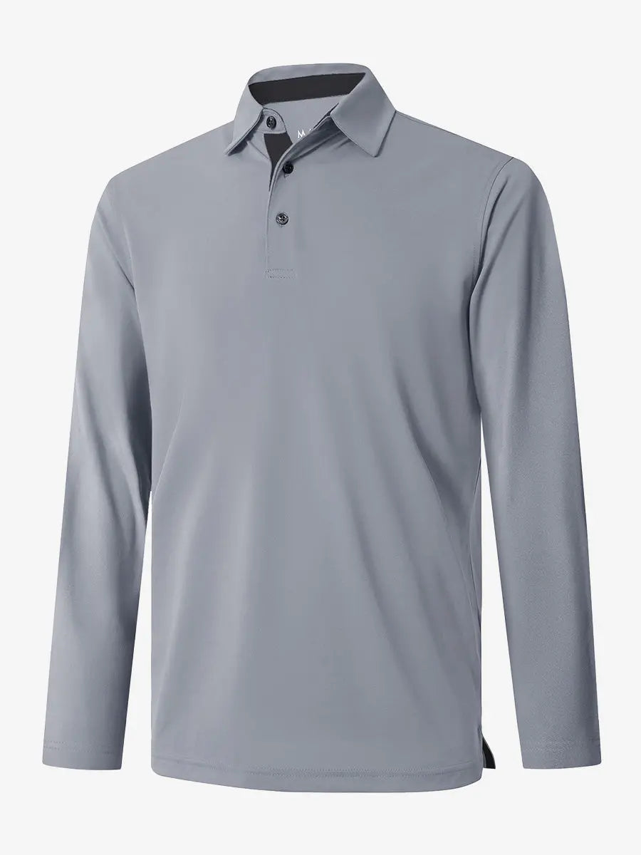 3D view of the navy long sleeve pique polo, emphasizing its modern fit and practical features.