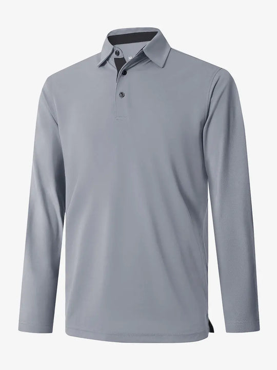 3D view of the navy long sleeve pique polo, emphasizing its modern fit and practical features.