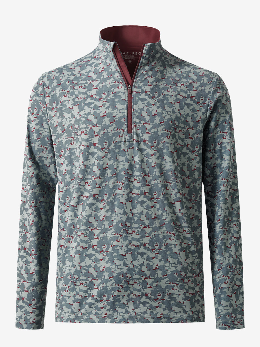 3D front view of the full print quarter zip pullover in grey/wine camo, showcasing bold and modern style.
