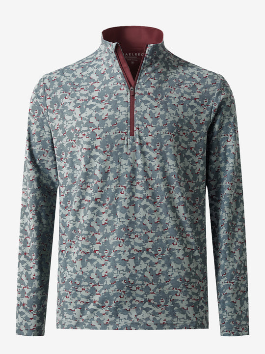 3D front view of the full print quarter zip pullover in grey/wine camo, showcasing bold and modern style.