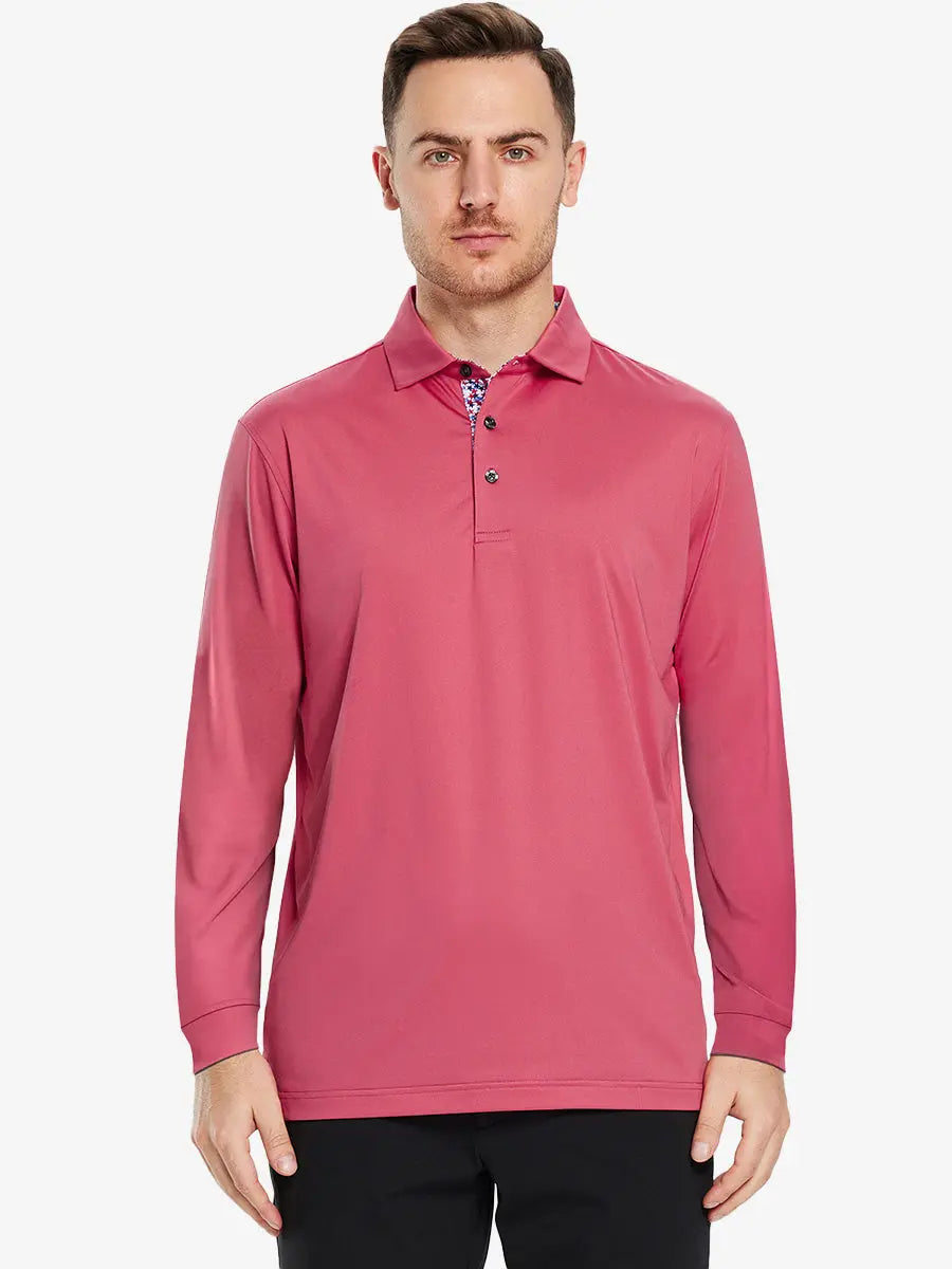 Front half-body view of model wearing CRANBERRY Long Sleeve Solid Jersey Polo
