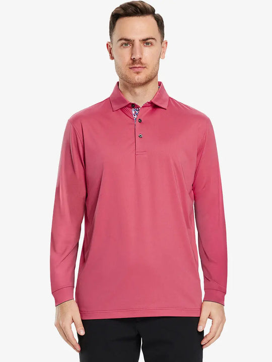 Front half-body view of model wearing CRANBERRY Long Sleeve Solid Jersey Polo