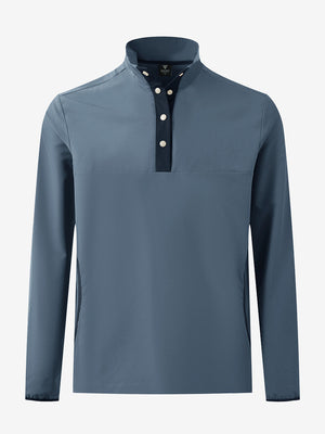3D front view of the mock neck quarter button golf pullover in misty blue, sleek and modern design.