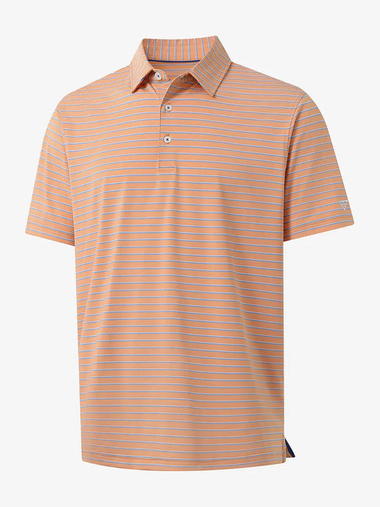 3D angle of ORANGE/CAROLINA BLUE STRIPE Polo showing textured stripe weave