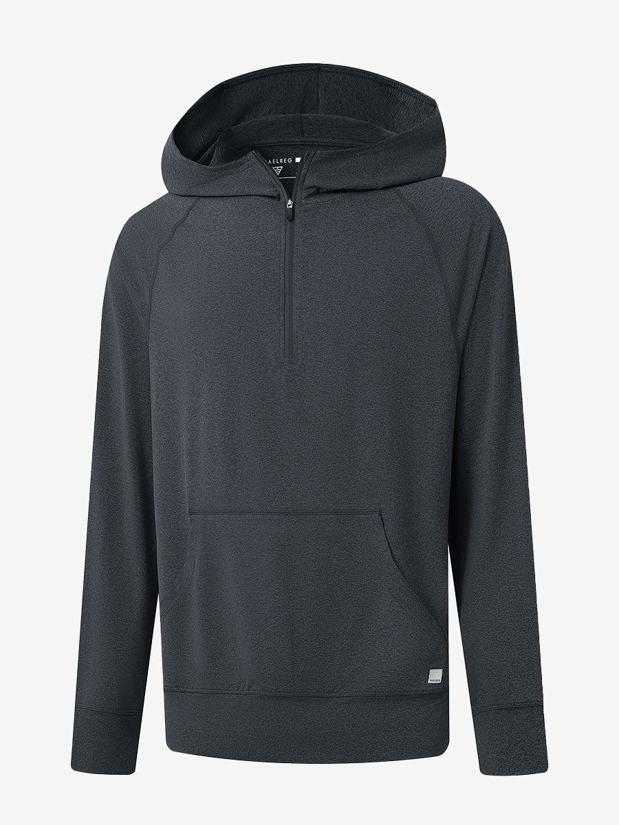 3D front view of the Quarter Zip Hoodie with Kangaroo Pocket in Dark Grey Heather, athletic casual style.