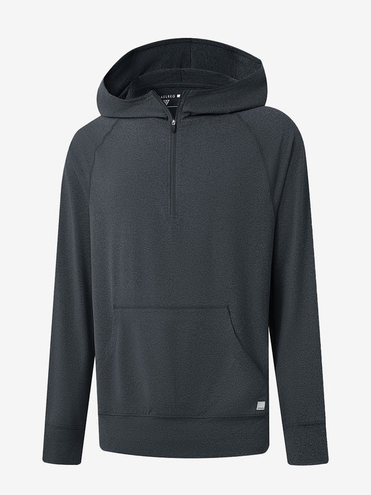3D front view of the Quarter Zip Hoodie with Kangaroo Pocket in Dark Grey Heather, athletic casual style.