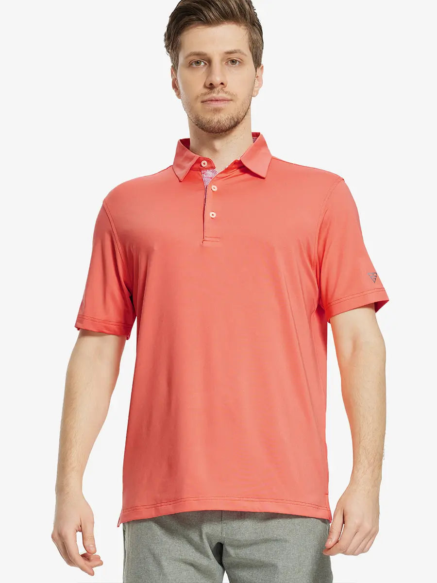 Front half-body view of male model in the Melon Everyday Classic Solid Polo, standing still