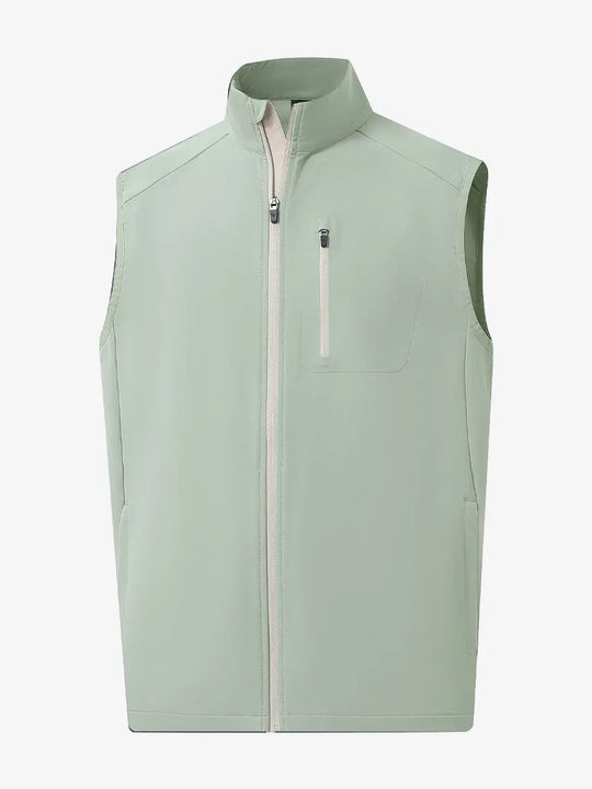 3D view of the light green windproof golf vest, emphasizing its vibrant color and practical zippered pockets