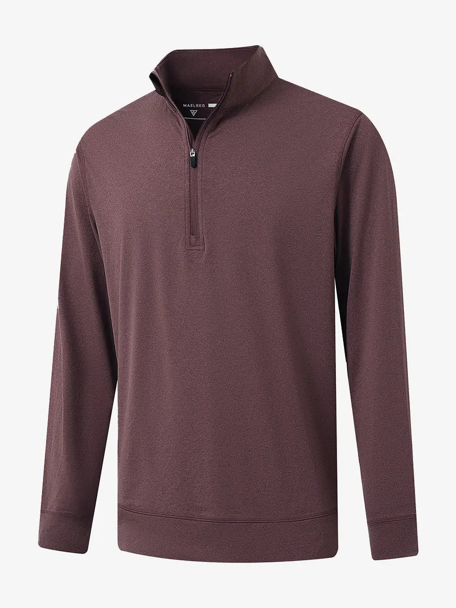 3D view of BRICK HEATHER Quarter Zip Melange Pullover showing shape and melange pattern.