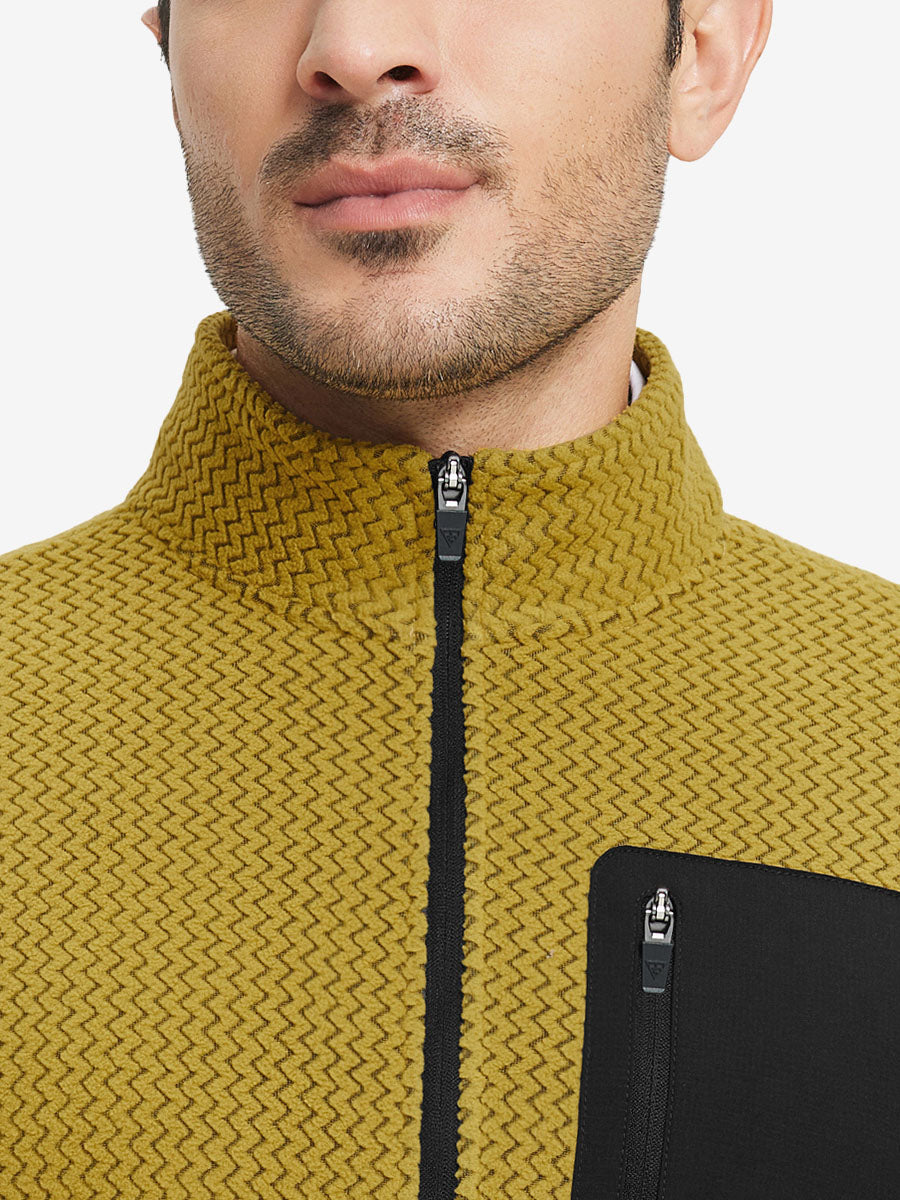 Close-up from nose to chest, showing collar detail of midweight warm stretchy quarter zip pullover in yellow.