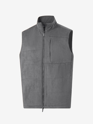 3D view of neutral grey classic micro suede leather puffer vest