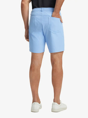 LIGHT BLUE 4-way Stretch Performance Solid Shorts, back lower body view for golf wear, 7 Inch style