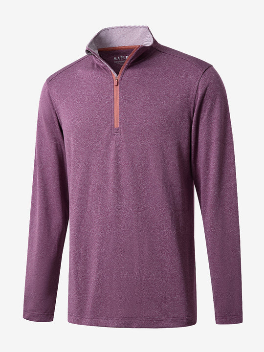 3D rendered display of the DARK PURPLE MELANGE Moisture Wicking Quarter Zip Pullover laid out in detail.