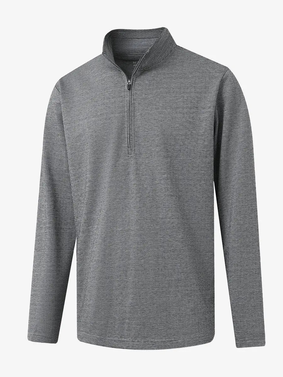 3D view of BLACK HOUNDSTOOTH Premium Jacquard Quarter Zip Pullover showcasing texture and fit.								
