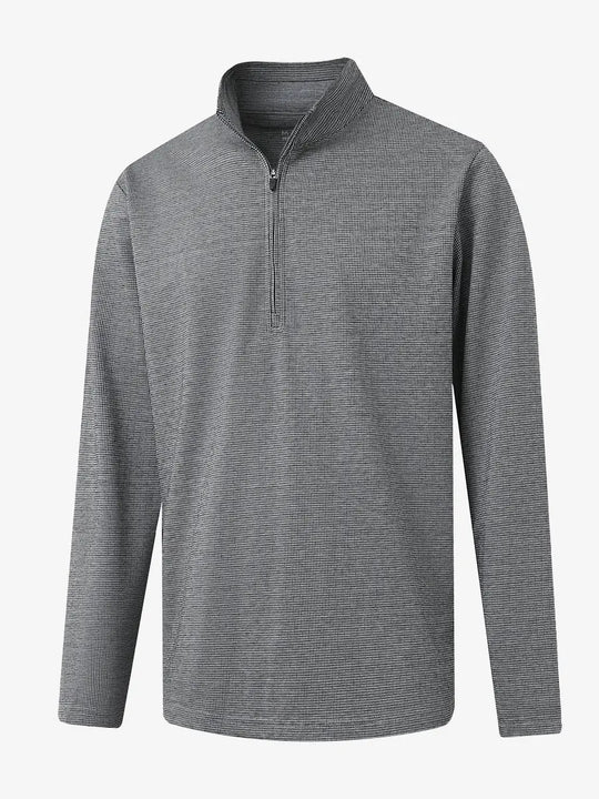 3D view of BLACK HOUNDSTOOTH Premium Jacquard Quarter Zip Pullover showcasing texture and fit.								
