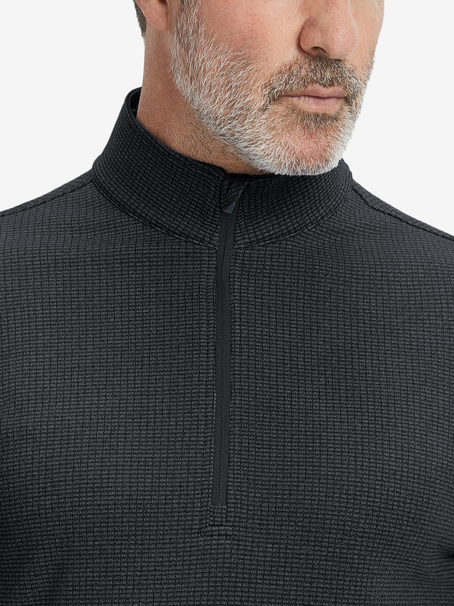 Close-up of collar and fleece lining on casual fleece lined quarter zip pullover in black.