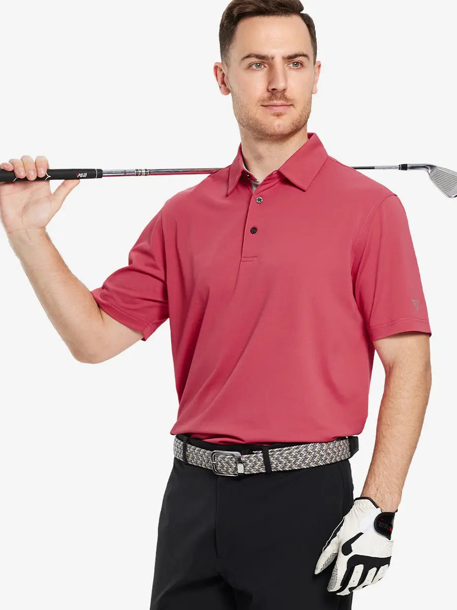 Half-body front pose with golf club in BRICK Ventilated Pique Performance Polo