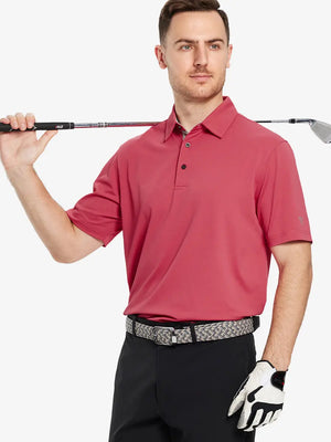 Half-body front pose with golf club in BRICK Ventilated Pique Performance Polo