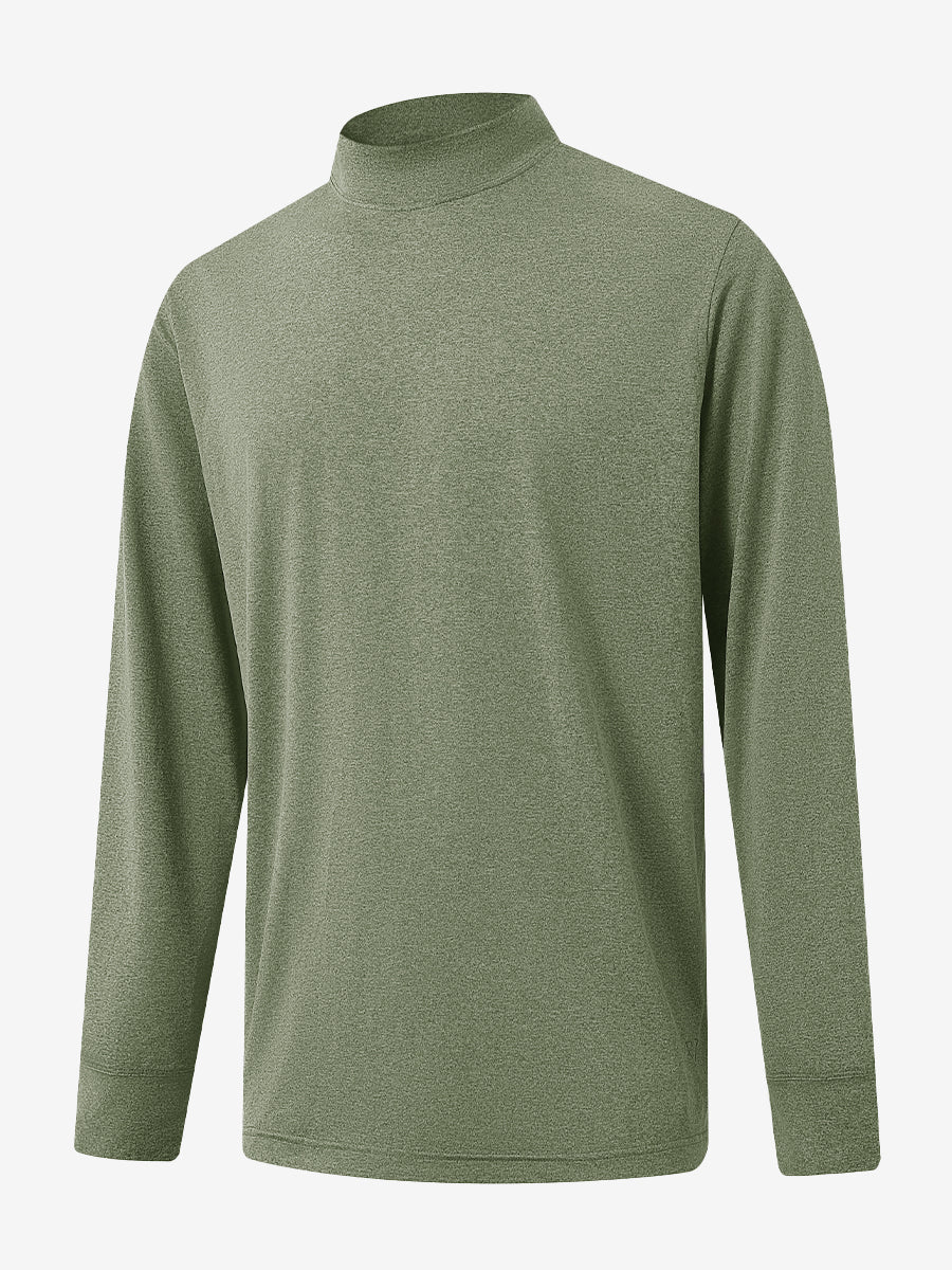 3D front display of Men’s Long Sleeve Mock Turtleneck Shirt in Olive Green Heather, clean and modern fit.