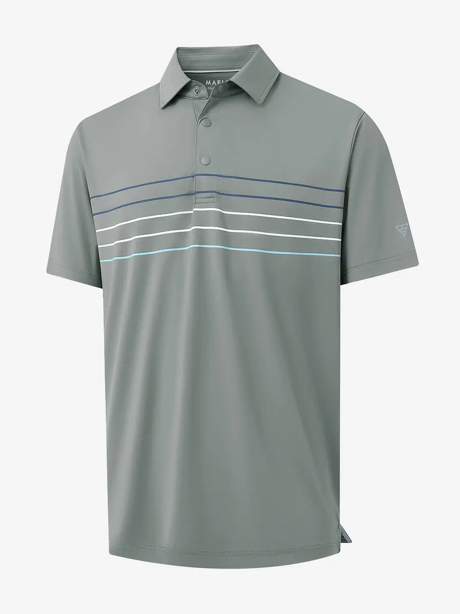3D view of LIGHT GREY Stylish Chest Print Snap Polo showing design and fit