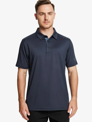 Front half-body view of male model in the Dark Grey Everyday Classic Solid Polo, standing still