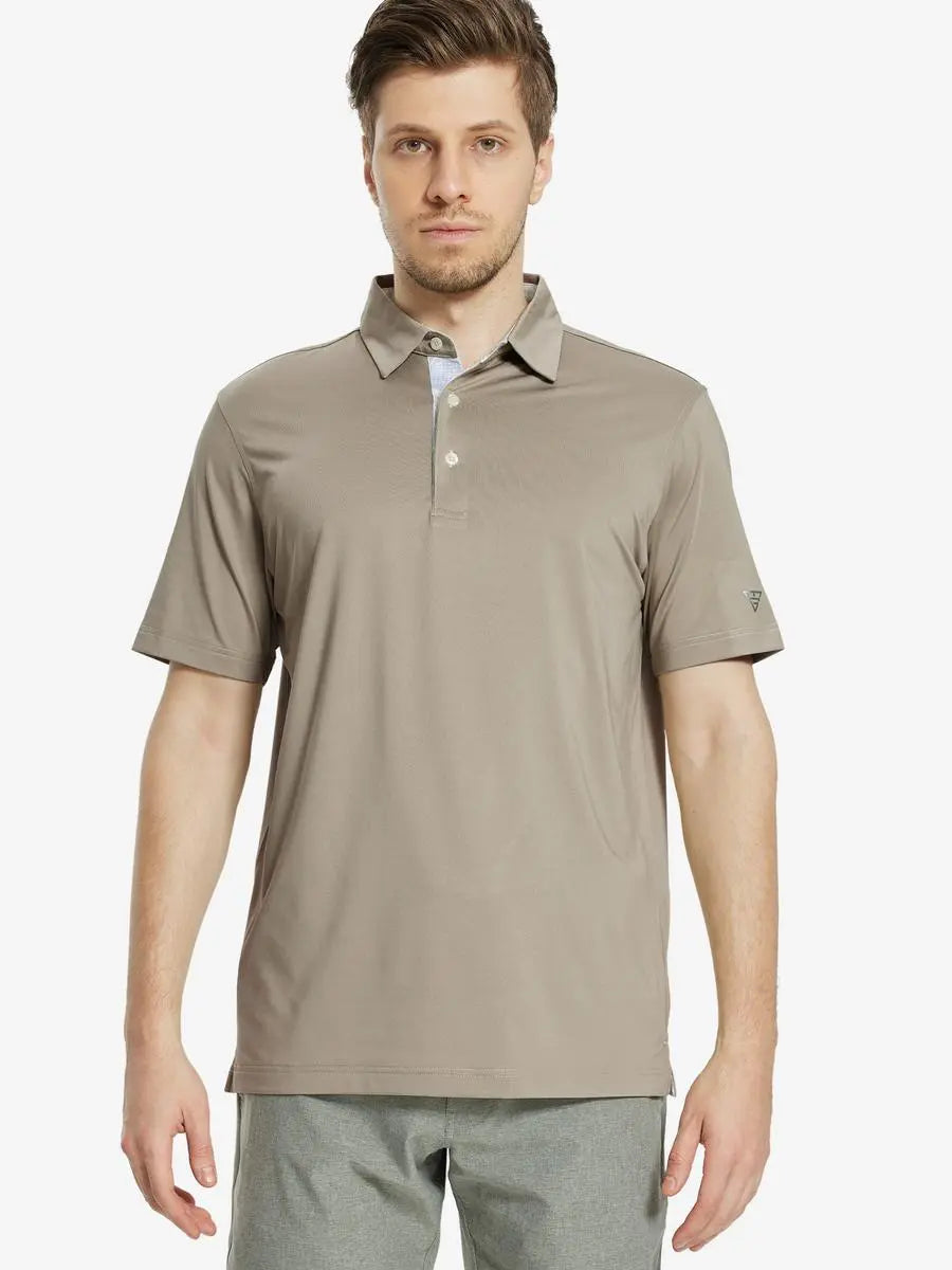 Front half-body view of male model in the Dark Khaki Everyday Classic Solid Polo, standing still