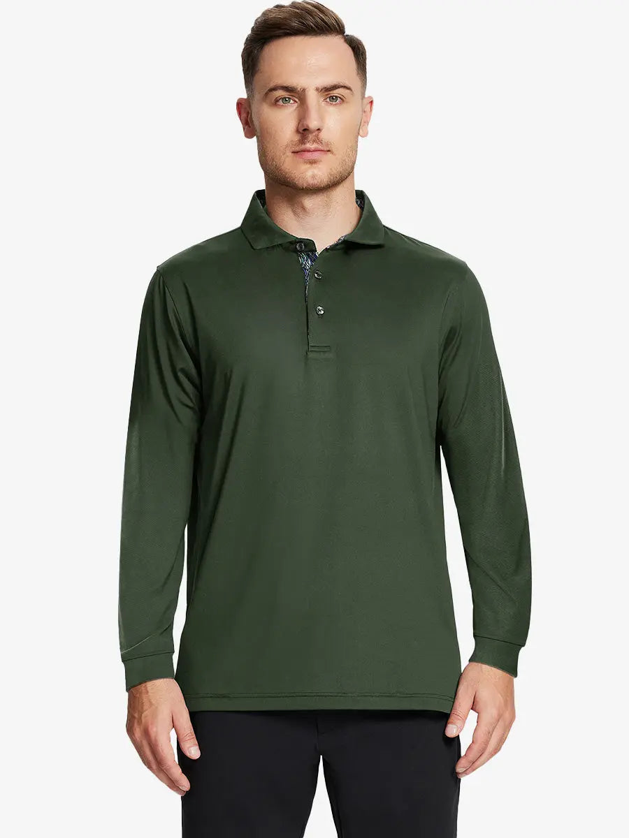 Front half-body view of model wearing OLIVE GREEN Long Sleeve Solid Jersey Polo