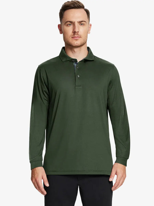 Front half-body view of model wearing OLIVE GREEN Long Sleeve Solid Jersey Polo
