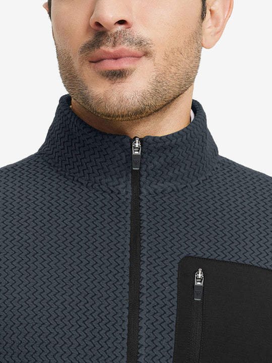 Close-up from nose to chest, showing collar detail of midweight warm stretchy quarter zip pullover in navy.