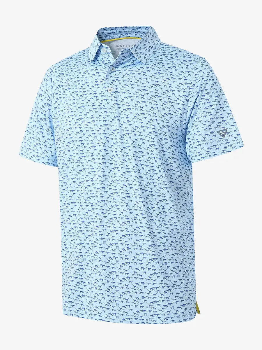 3D view showcasing the dinosaur pattern on BLUE DINOSAUR Performance Print Boys Golf Polo