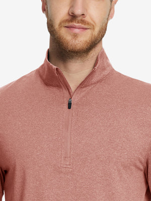 Model front half-body view pulling zipper slightly on quarter zip melange pullover brick melange.