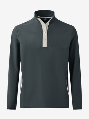3D front view of the mock neck quarter button golf pullover in dark grey, sleek and modern design.