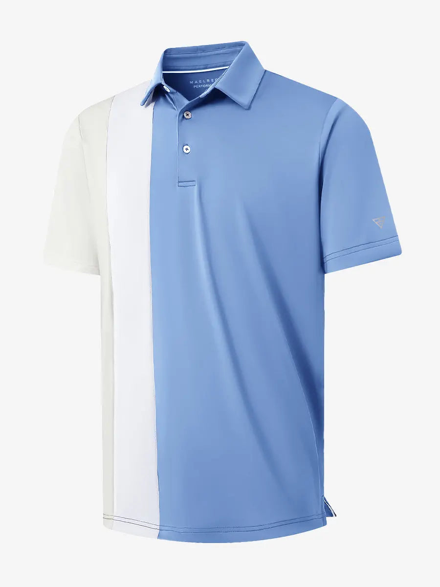 3D view of LIGHT BLUE Moisture Wicking Color Block Polo Shirt showing fabric and color block design.