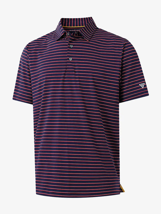 3D product view of NAVY/RED STRIPE Youth Performance Golf Polo showing design and fit.