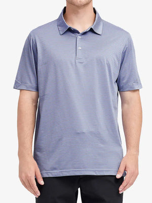Model wearing Cooling Stripe Golf Shirt in BLUISHYELLOW STRIPE, half-body front view with relaxed pose