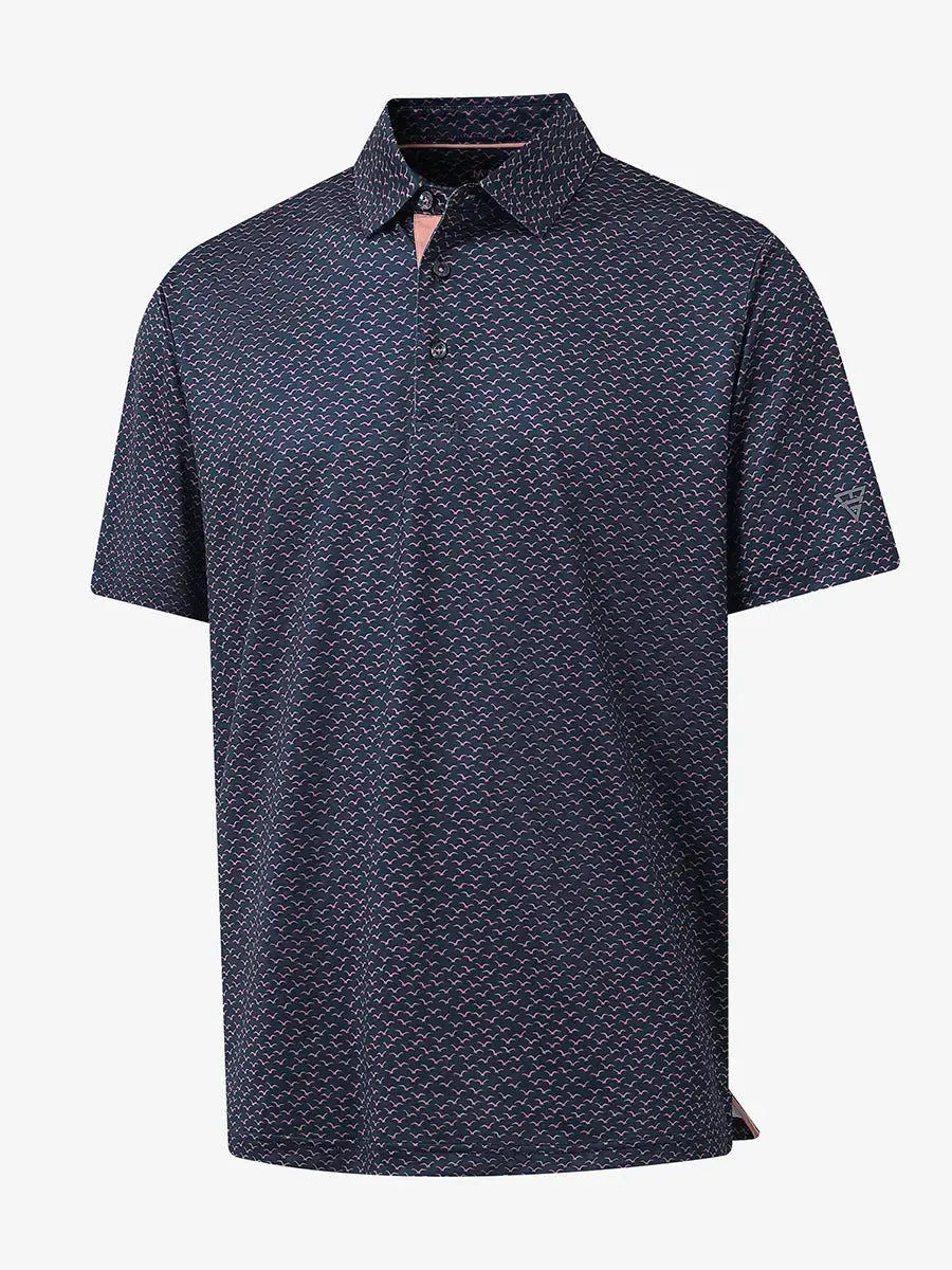 3D view showcasing the seagull pattern on NAVY PINK SEAGULL Performance Print Boys Golf Polo