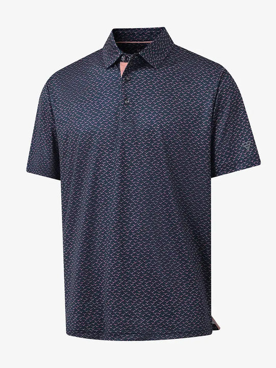 3D view showcasing the seagull pattern on NAVY PINK SEAGULL Performance Print Boys Golf Polo