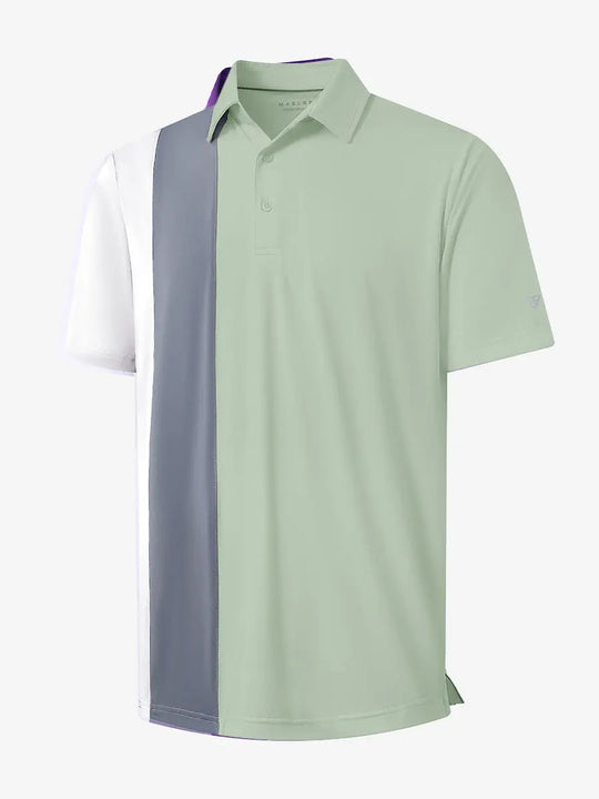 3D view of CANARY GREEN Moisture Wicking Color Block Polo Shirt showing fabric and color block design.