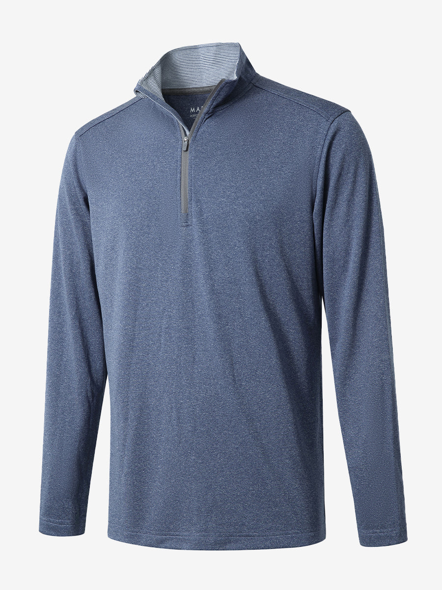 3D rendered display of the NAVY MELANGE Moisture Wicking Quarter Zip Pullover laid out in detail.