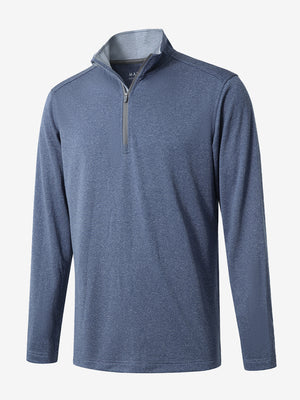 3D rendered display of the NAVY MELANGE Moisture Wicking Quarter Zip Pullover laid out in detail.