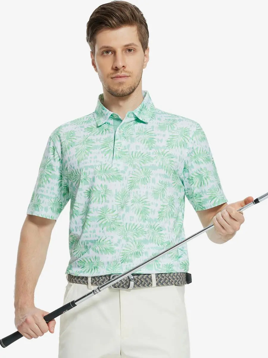 MAELREG Men's Performance Jersey Print Polo in Light Green Leaf – front half-body with golf pose